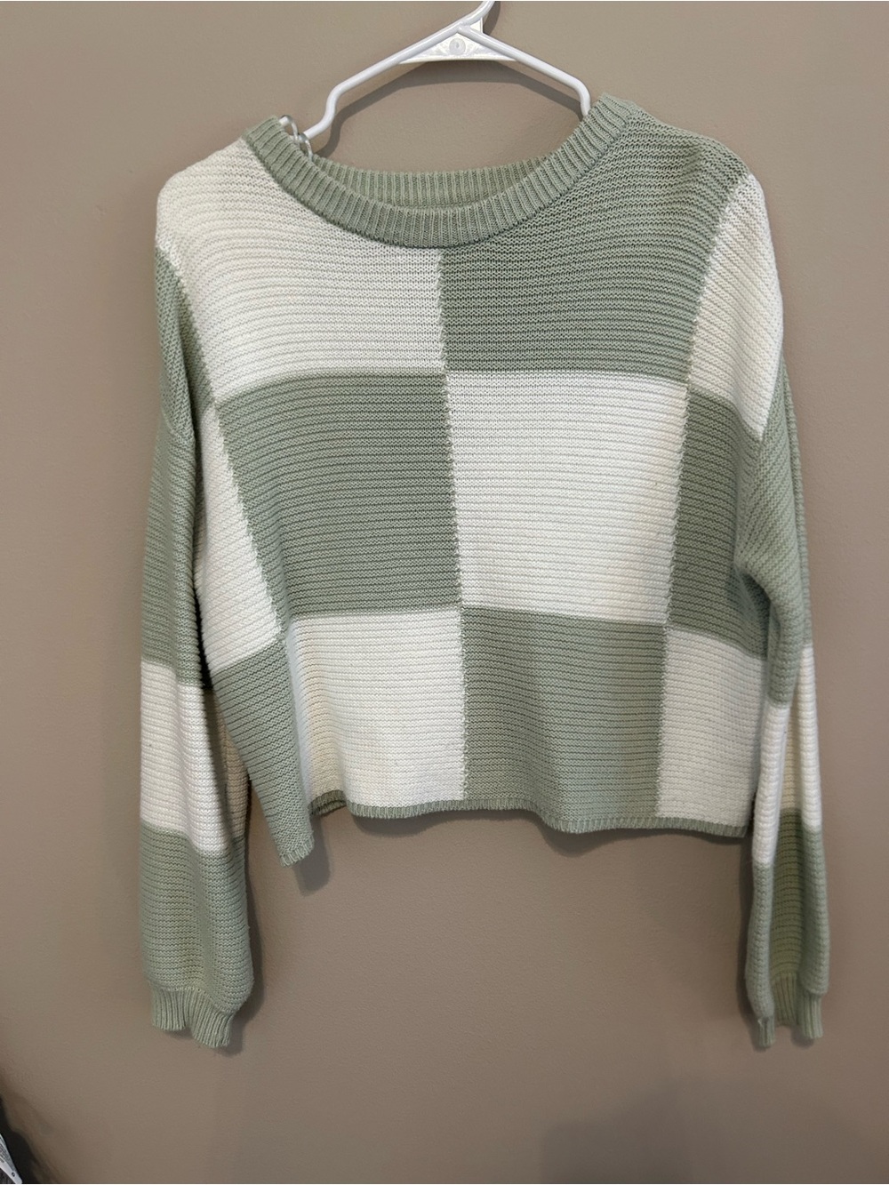 moon & madison Sage and Cream Checker Crew Sweater